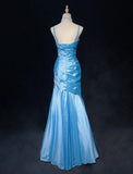 Charming Prom Dress Blue Spaghetti Straps Pleated Mermaid Evening Dress Gala Dress Party Dress HZ0319