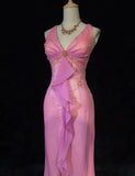Sweet Prom Dress V-neck Pleated Ruffle Evening Dress Gala Dress HZ0319
