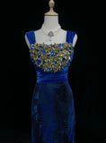 Gorgeous Prom Dress Navy Blue Square Neck Pleated Mermaid Long Evening Dresses Gala Dress HZ0319