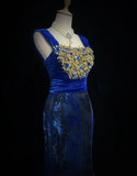 Gorgeous Prom Dress Navy Blue Square Neck Pleated Mermaid Long Evening Dresses Gala Dress HZ0319