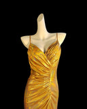 Shiny Prom Dress Gold Spaghetti Straps Pleated Slit Mermaid Evening Dresses Gala Dress HZ0319