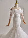 Elegant Off Shoulder Long Sleeve Tulle Pleated Mermaid Wedding Dress HZ0319