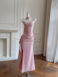 Pretty Prom Dress Square Neck Pleated Slit Long Birthday Party Dress HZ0319