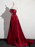 Pretty Prom Dress Wine Red A Line Strapless Pleated Prom Dress Evening Gown Gala Dress HZ0319