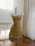 Stunning Homecoming Dress Gold A Line Spaghetti Straps Tassel Short Prom Dress Birthday Party Outfits HZ0319