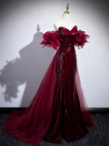 Shiny Prom Dress Wine Red A Line Sweetheart Pleated Mermaid Evening Dress Birthday Party Dress HZ0319