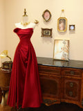 Elegant Prom Dress Wine Red A Line Strapless Pleated Evening Dress Gala Dress HZ0319