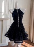 Shiny Homecoming Dress Black Crew Neck Pleated Short Prom Dress Birthday Party Outfits HZ0319