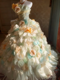 Popular Prom Dress Strapless Pleated Tiered Flower Ball Gown Evening Dress Quinceanera Dress HZ0319