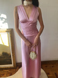 New Arrival Prom Dress Satin V-neck Pleated Formal Dress Evening Dress Gala Dress HZ0319