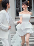 Minimalist Wedding Dress Off Shoulder Pleated Hi-Lo Short Wedding Dress Prom Dress HZ0319