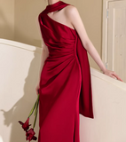 Minimalist Prom Dress Wine Red Asymmetrical Neck Pleated Gala Dress Evening Dress Formal Dress HZ0319