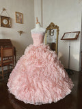 Charming Prom Dress Light Pink Strapless Pleated Tiered Quinceanera Dress Ball Gown Evening Dress HZ0319