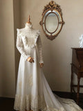 Retro Wedding Dress A Line High Collar Long Sleeves Lace Wedding Dress HZ0319