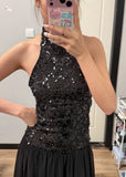 Shiny Prom Dress Black Halter Pleated Gala Dress Evening Dress Cocktail Dress HZ0319