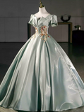 Elegant Prom Dress Light Green Square Neck Pleated Evening Dress Quinceanera Dress Ball Gown HZ0319