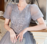 Shiny Prom Dress Short Sleeves Tulle Pleated Gala Dress Evening Dress Formal Dress HZ0319
