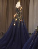 Shiny Prom Dress Dark Blue V-neck Gala Dress Evening Dress Formal Dress HZ0319