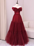 Stunning Prom Dress Wine Red Off Shoulder Pleated Tulle Gala Dress Evening Dress Formal Dress HZ0319