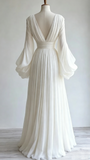 Modest White V Neck A-Line Chiffon Vintage Long Evening Party Dresses, HZ0319