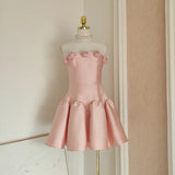 Retro Pink 3D Flowers Design A-line Strapless Satin Mini Party Dress Homecoming Dress HZ0319