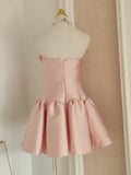 Retro Pink 3D Flowers Design A-line Strapless Satin Mini Party Dress Homecoming Dress HZ0319