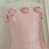 Retro Pink 3D Flowers Design A-line Strapless Satin Mini Party Dress Homecoming Dress HZ0319