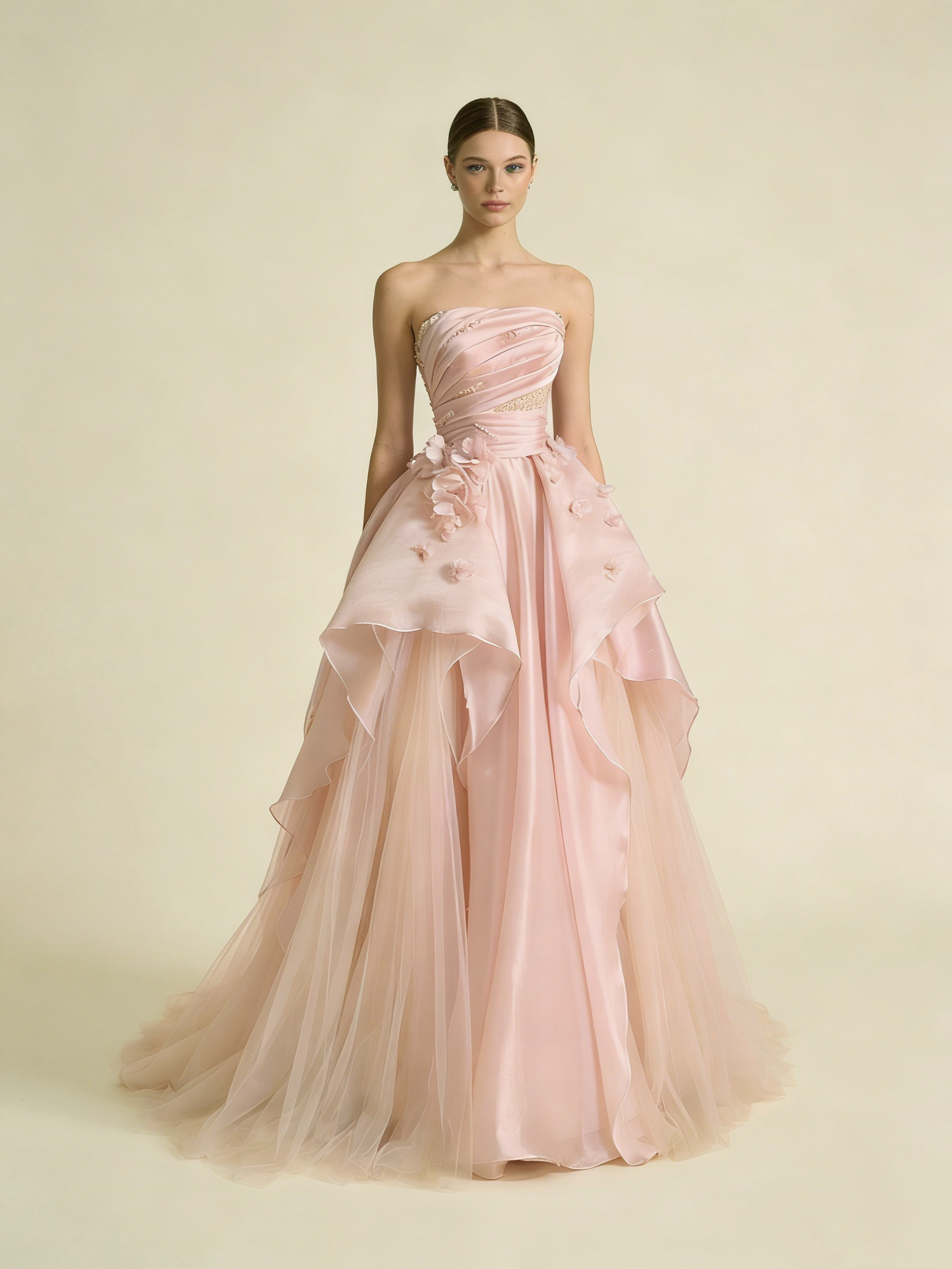Pearl Pink Strapless A-Line Tulle Long Party Gown with Pearls HZ0319