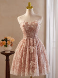 Vintage Pink 3D Flower Design A-line Off-the-shoulder Homecoming Dress , HZ0319