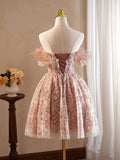 Vintage Pink 3D Flower Design A-line Off-the-shoulder Homecoming Dress , HZ0319