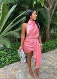 Retro Rose Pink Halter Dress Design A-line Satin Party Dress Homecoming Dress HZ0319
