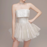 Cute Beige Sequin Ruffled Hem Design A-line Satin Strapless Party Dress Homecoming Dress, HZ0319