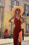 Vintage Orange Single-button V-neck Design A-line Spaghetti Strap Party Dress, HZ0319