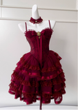 Vintage Burgundy Sweetheart Lace Design Spaghetti Strap Tiered Homecoming Dress, HZ0319