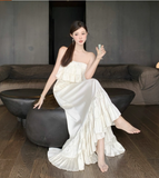 Vintage Ivory Strapless Ruffled Hem Design Elegant Beach Holiday A-Line Sleeveless Summer Dress HZ0319