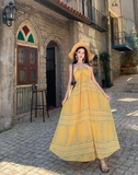 Vintage Yellow Bohemian Style Design Elegant Beach Holiday A-Line Sleeveless Halter Dress Summer Dress Party Dress HZ0319