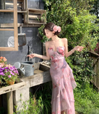 Vintage Pink Floral Irregular Hem Design Elegant Beach Holiday A-Line Sleeveless Halter Dress Summer Dress Party Dress HZ0319