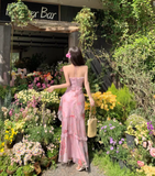 Vintage Pink Floral Irregular Hem Design Elegant Beach Holiday A-Line Sleeveless Halter Dress Summer Dress Party Dress HZ0319