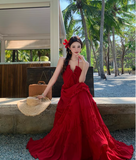 Vintage Burgundy V-neck Design Elegant Beach Holiday A-Line Sleeveless Halter Dress Summer Dress Party Dress , HZ0319