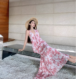 Vintage Pink Floral V-neck Design Elegant Beach Holiday Mermaid Sleeveless Halter Dress Summer Dress Party Dress, HZ0319