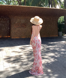 Vintage Pink Floral V-neck Design Elegant Beach Holiday Mermaid Sleeveless Halter Dress Summer Dress Party Dress, HZ0319