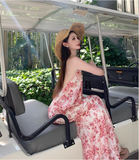 Vintage Pink Floral V-neck Design Elegant Beach Holiday Mermaid Sleeveless Halter Dress Summer Dress Party Dress, HZ0319