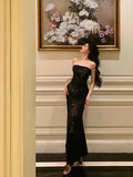 Vintage Black Strapless Floral Applique Design Elegant Sheath Evening Dress Prom Dress HZ0319