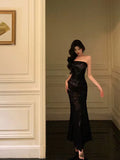 Vintage Black Strapless Floral Applique Design Elegant Sheath Evening Dress Prom Dress HZ0319