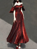 Vintage Burgundy Spaghetti Strap Mermaid Design Elegant Satin Evening Dress Prom Dress HZ0319