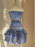 Vintage Dark Blue Pattern Design Strapless Mini Party Dress Homecoming Dress HZ0319
