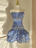 Vintage Dark Blue Pattern Design Strapless Mini Party Dress Homecoming Dress HZ0319