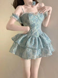Retro Light Blue Floral Spaghetti Strap Design A-line Mini 16th Birthday Party Dress Tiered Homecoming Dress HZ0319