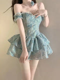 Retro Light Blue Floral Spaghetti Strap Design A-line Mini 16th Birthday Party Dress Tiered Homecoming Dress HZ0319