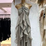 Floral Ruffle Design Halter Dress Elegant A-line Chiffon Evening Party Dress HZ0319